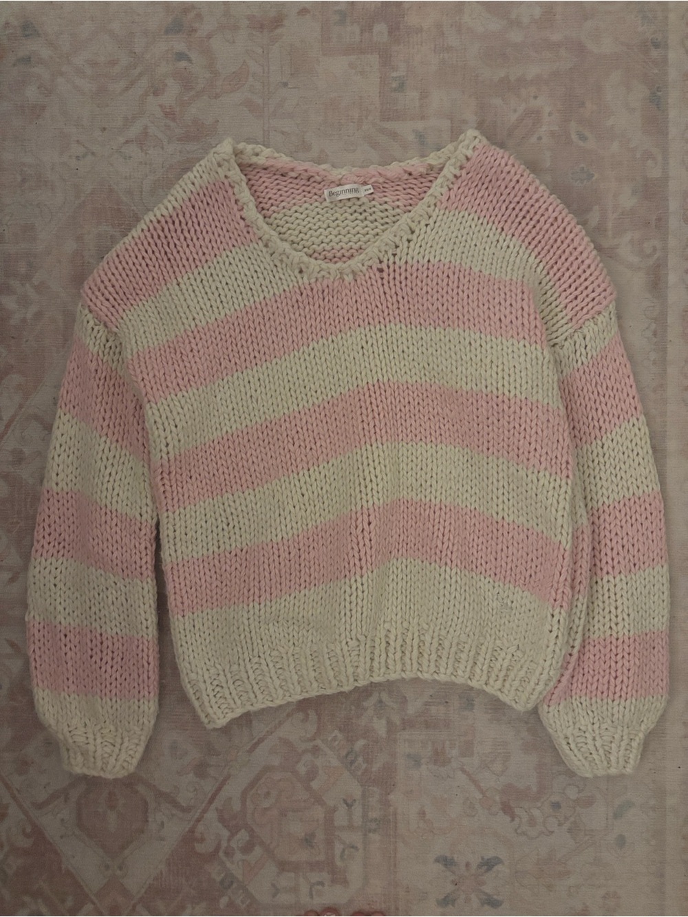 Beginning Boutique Pink & Cream Striped Chunky Knit V Neck Sweater